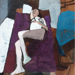 huile sur toile femme nue allongée sur fond violet de Michel Mousseau