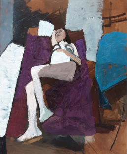 huile sur toile femme nue allongée sur fond violet de Michel Mousseau