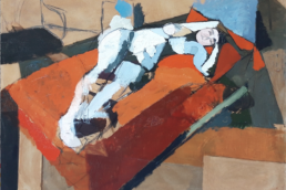huile sur toile femme nue allongée sur fond orangede Michel Mousseau