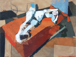 huile sur toile femme nue allongée sur fond orangede Michel Mousseau