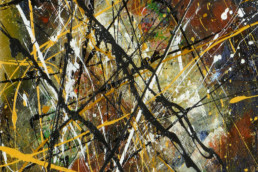 huile sur toile avec peinture projetée jaune et multicolore de Jean-Jacques Marie