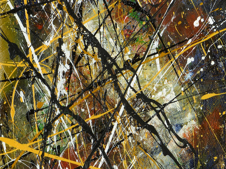 huile sur toile avec peinture projetée jaune et multicolore de Jean-Jacques Marie