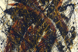 huile sur toile avec peinture projetée orange, noire et beige de Jean-Jacques Marie