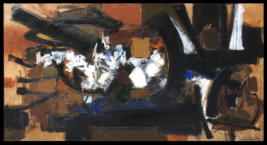 huile sur toile couleur marron, noir, blanc et pointe de bleue de John levée