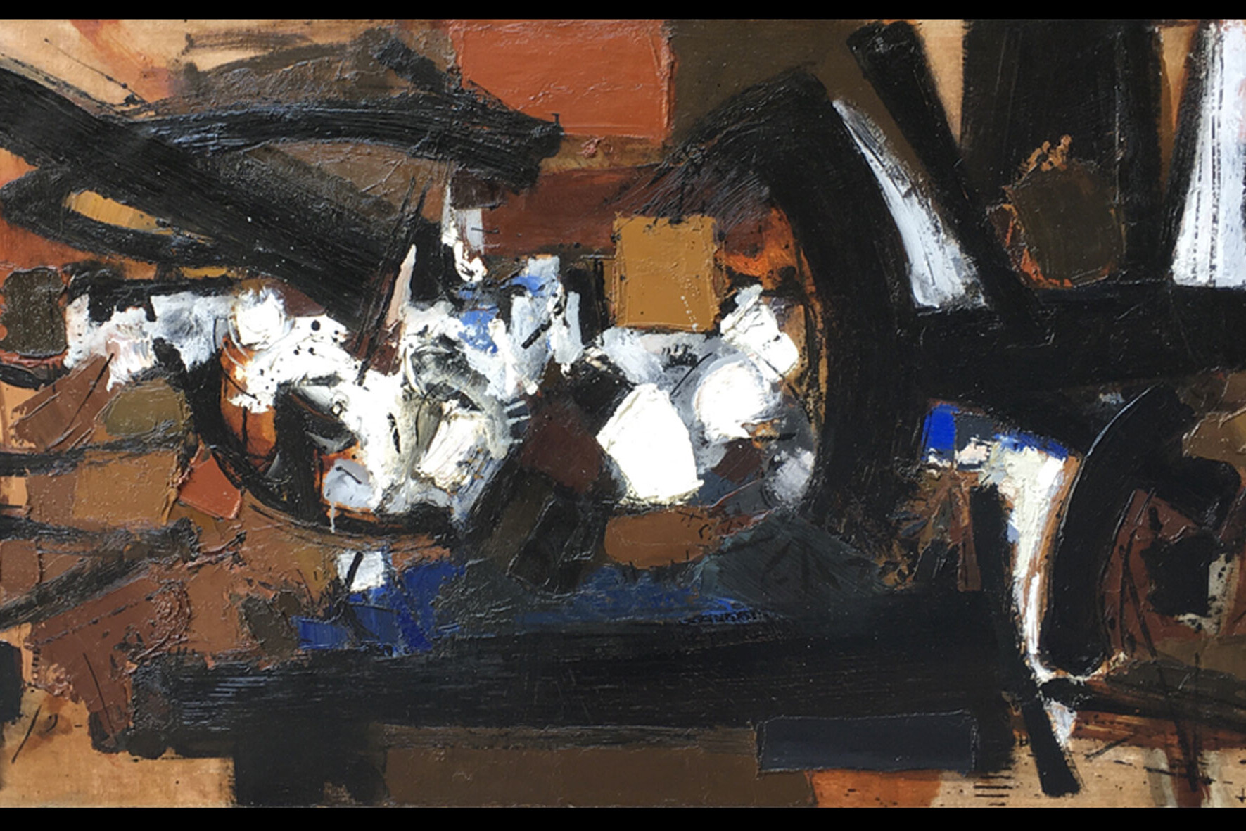 huile sur toile couleur marron, noir, blanc et pointe de bleue de John levée
