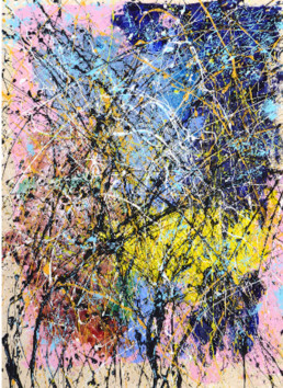 huile sur toile avec peinture projetée rose, bleue, jaune de Jean-Jacques Marie