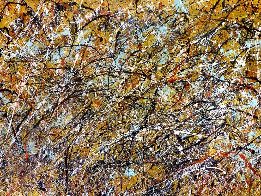 huile sur toile avec peinture projetée orange et multicolore de Jean-Jacques Marie