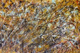 huile sur toile avec peinture projetée orange et multicolore de Jean-Jacques Marie