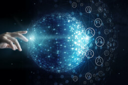 Businessman touching global network and data customer connection on space background