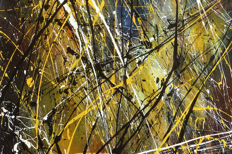 projections acryliques colorées façon dripping Jackson Pollock sur fond brossé en couleurs jaune et noir