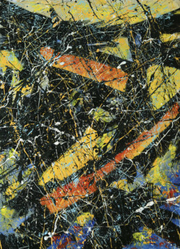 projections acryliques colorées façon dripping Jackson Pollock sur fond brossé en couleurs