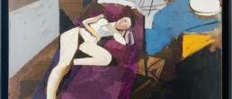 nu alangui de Michel Mousseau peint à l'huile sur toile avec une nature morte dont un canapé violet d'un grand colorisme.