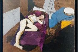 nu alangui de Michel Mousseau peint à l'huile sur toile avec une nature morte dont un canapé violet d'un grand colorisme.