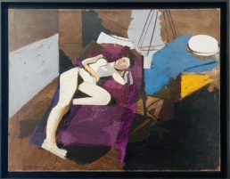 nu alangui de Michel Mousseau peint à l'huile sur toile avec une nature morte dont un canapé violet d'un grand colorisme.