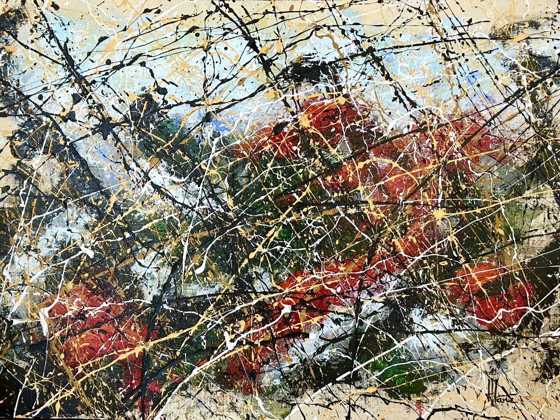 Acrylique sur toile jean-jacquet marie vert rouge et beige